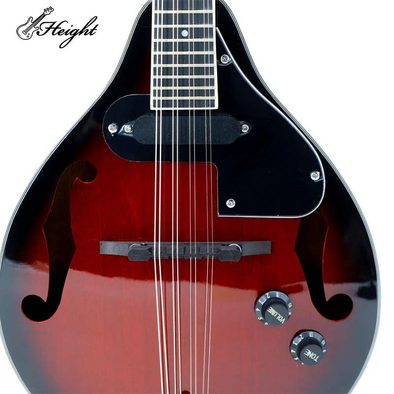 Detailed image of our Dark Red Electric Mandolin, highlighting its Sapele wood top and back, Okoume neck, and Technical/Purpleheart Wood fingerboard. Detailed image of our Dark Red Electric Mandolin, highlighting its Sapele wood top and back, Okoume neck, and Technical/Purpleheart Wood fingerboard.